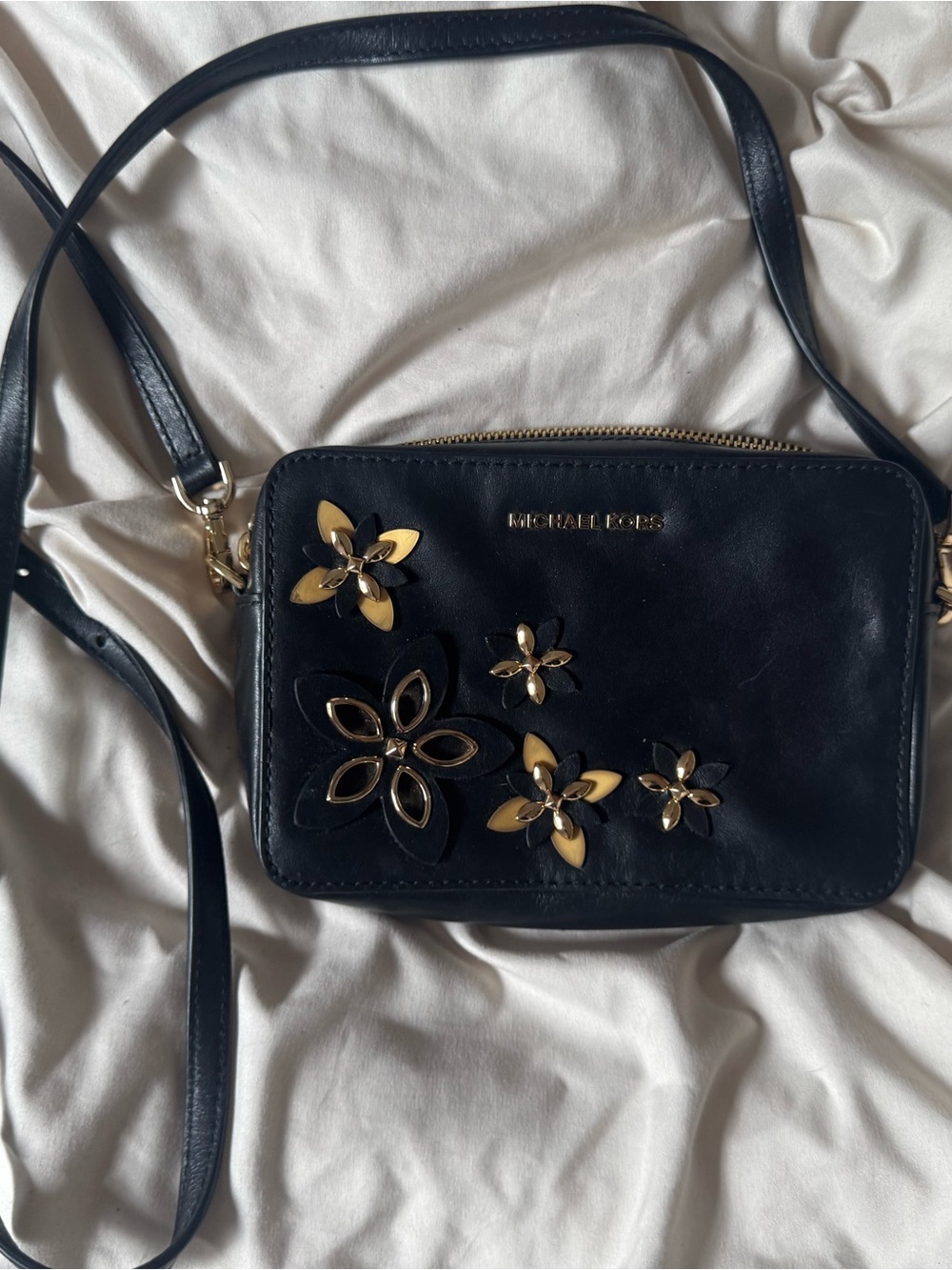 Michael Kors Black Leather Crossbody with Gold Floral Embellishments